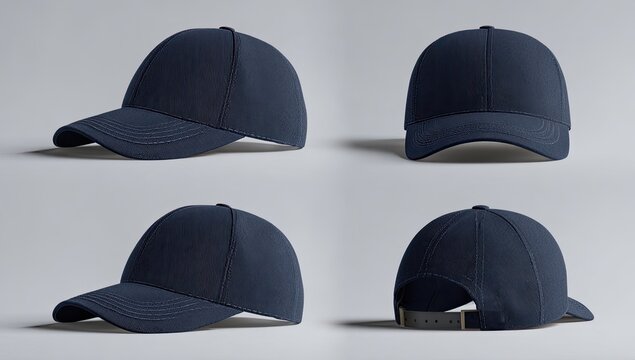Four views of a navy blue baseball cap against a neutral backdrop