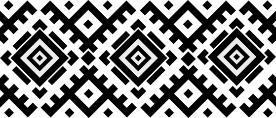 Black and white tribal geometric textile pattern, ethnic fabric design, symmetrical diamond shapes, seamless repeating pattern, bold black shapes on white background.