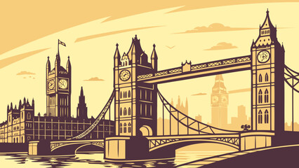 Fototapeta premium London skyline featuring tower bridge, houses of parliament skillfully rendered perfect for travel, uk tourism, architectural themes, and skyline backgrounds.