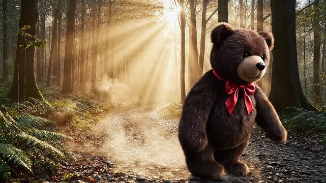 Teddy bear walking on a forest path at sunrise animated teddy bear