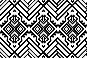 Black and white ethnic tribal geometric textile pattern, symmetrical diamond motifs, seamless repeating pattern, bold thick black lines on white background.