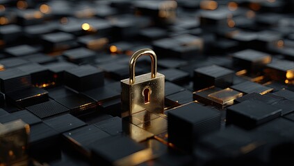 Golden padlock on a dark, reflective grid of digital cubes, glowing with data light