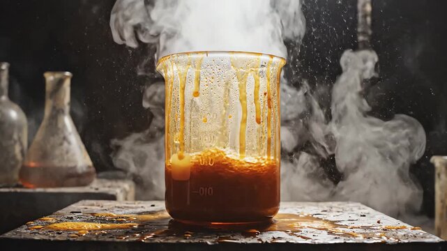 High contrast gritty wide shot of volatile orange chemical mixture violently exploding with steam and vigorous agitation inside a vintage glass beaker beaker, steam, danger