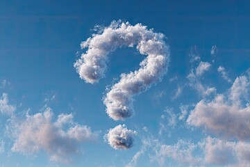 Fototapeta premium A large question mark made of white, fluffy clouds floats in a bright blue sky