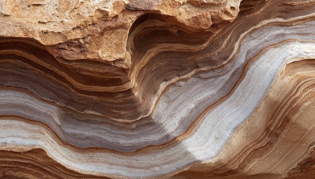 Close-up of layered sedimentary rock formation, displaying natural curves and color variations