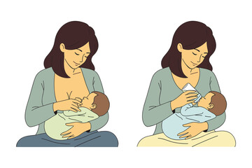 Illustrates a woman breastfeeding her baby and feeding it a bottle.
