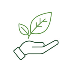 Green hand holding two green leaves.