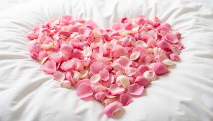 Obraz premium Pink rose petals arranged in a heart shape with romantic mood on a white bedsheet background with copy space