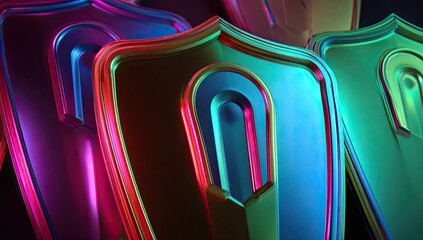 Close-up of multiple stylized shields, featuring vibrant gradients of blues, pinks, and greens