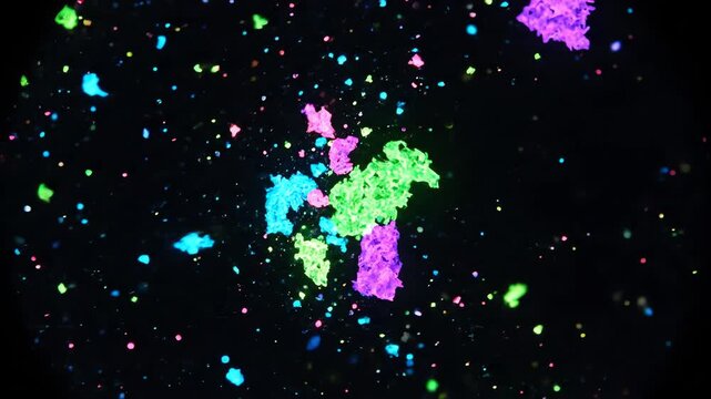 High contrast scientific simulation of jagged brightly colored synthetic microplastic particles vibrating under a microscope lens on a solid black background solid, contrast, waste