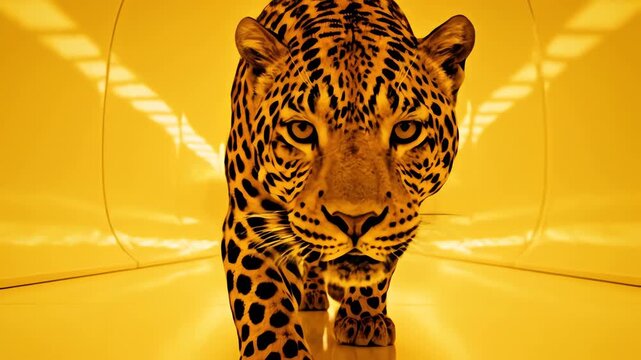 High contrast shot of a sleek black and orange leopard advancing steadily through a brightly lit, minimalist, monochromatic yellow tunnel environment black, advertising, spot pattern