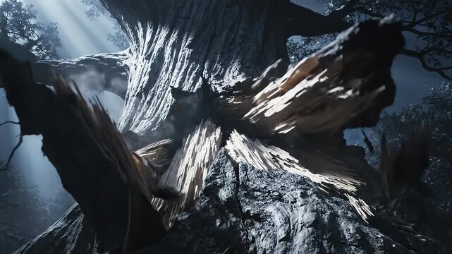 High contrast moonlight dramatically illuminates a gigantic tree trunk slowly splintering and cracking under pressure from an unseen mythological force mystery, natural light, wood texture