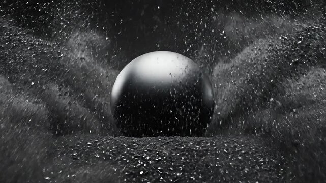High contrast shot of dark coarse volcanic sand violently erupting and rapidly scattering away from a dull matte gray metallic orb against a harsh studio light abstract, deconstruction, dramatic