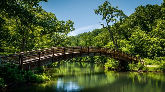 Wooden Bridge Spanning Serene River Amidst Lush Green Forest Under Clear Blue Sky.