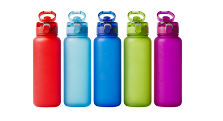 Five Colorful Water Bottles in a Row on Transparent Background