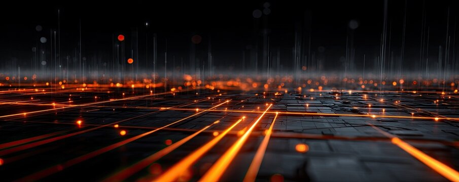 Abstract digital landscape with glowing orange lines and dots representing data flow - Powered by Adobe