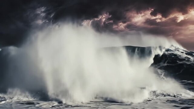 High contrast slow motion close up of gigantic dark ocean waves violently crashing against each other during a severe windstorm under a terrifying sky water, slowmo, extreme weather
