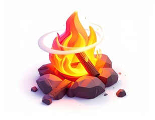 Stylized campfire with glowing embers and logs against white backdrop