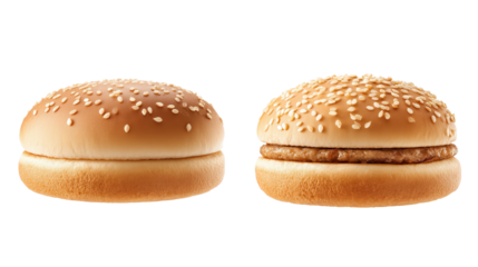 Classic Sesame Bun: Two fresh sesame buns, one elegantly complete, the other awaiting a delicious filling, a simple yet irresistible image of culinary delights. 