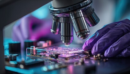 A scientist's gloved hands adjust a microscope over a circuit board in a lab
