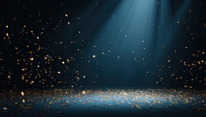 Golden glitter falling and settled on a dark surface, illuminated by a spotlight