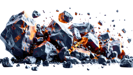 Asteroids swarm of boulders or stone meteorite isolated on transparent png background, flying rock in the space.