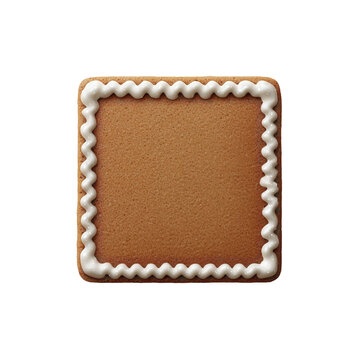 Gingerbread Cookie with Icing: A square gingerbread cookie is decorated with a white icing outline, a classic treat. The crisp texture and sweet taste. 