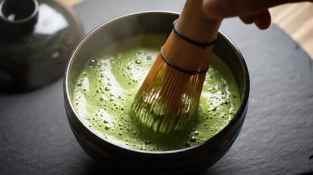 High contrast top-down aerial view of a wooden whisk rapidly mixing bright green liquid matcha powder and hot water in a porcelain bowl during preparation matcha, cooking, hot water
