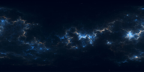 360 degree space nebula. Giant interstellar cloud with stars, equirectangular projection, environment map. Spherical panorama. 3D rendering, Fractal image