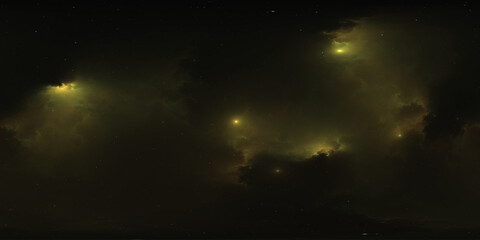 360 degree space nebula. Giant interstellar cloud with stars, equirectangular projection, environment map. Spherical panorama. 3D rendering, Fractal image