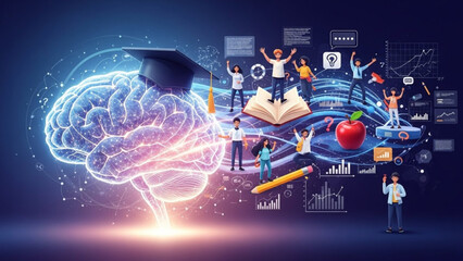 Education and learning concept with glowing brain wearing graduation cap, students, book, apple, and graphs