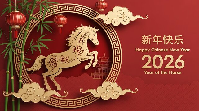 Happy chinese new year 2026 year of the horse gold decoration on red background