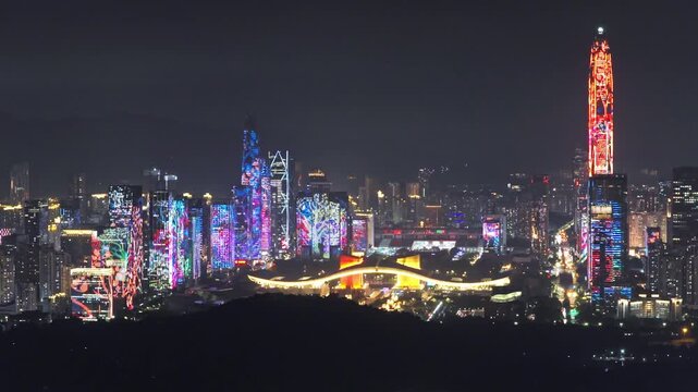 Shenzhen 45th Anniversary Night Skyline - Drone View with Illuminated Buildings