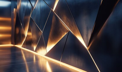 Geometric wall design with metallic gold and deep blue triangular panels, dramatic lighting creating sharp contrasts and a modern architectural aesthetic