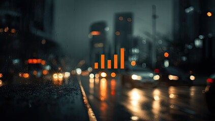 City street at night with blurred lights and an orange bar graph overlay