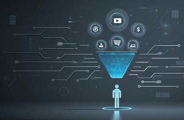 Futuristic digital funnel visualization with circuit board elements converging into a human silhouette