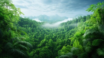 Lush Green Jungle Landscape with A Tranquil Misty Atmosphere at Dawn