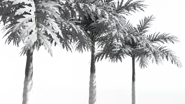 High key isolated view of three slender palm trees with delicate fronds gently moving against a pure white background converted into a bright monochrome aesthetic abstract, calm, corporate