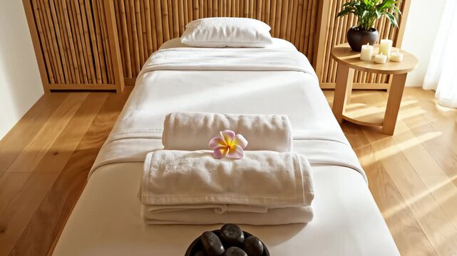 High overhead aerial view smoothly descending over a bright contemporary spa room featuring a ready massage table and natural wood elements natural, aerial, tranquil