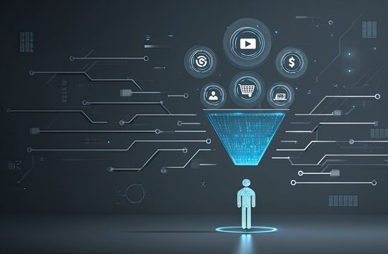 Futuristic digital funnel visualization with circuit board elements converging into a human silhouette - Powered by Adobe