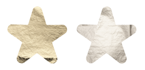 Decorative star design elements made of shiny metallic foil in gold and silver tones. Minimal visual