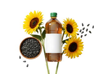 Sunflower Oil Bottle with Fresh Sunflowers and Seeds Isolated on transparent background
