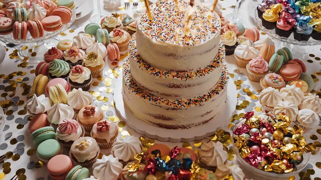 High overhead view of a perfectly arranged festive party table featuring a large layered cake surrounded by colorful confectionery and scattered metallic confetti pieces overhead, top down, sprinkles