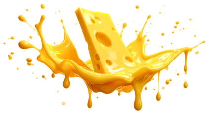 Splash of Cheese with drip and melting sauce splashing isolated on transparent png background, cheese slice with liquid swirl, ingredients for making food. 