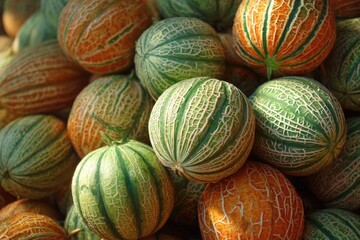 Close-up view of a pile of cantaloupe melons showing textures and colors