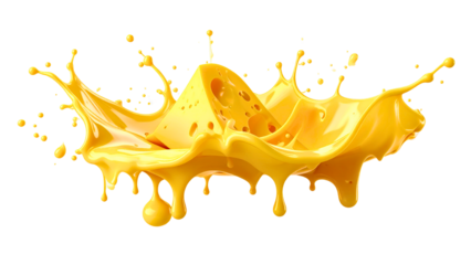 Splash of Cheese with drip and melting sauce splashing isolated on transparent png background, cheese slice with liquid swirl, ingredients for making food. 
