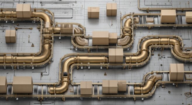 A complex network of golden pipes and cardboard boxes on a metallic textured surface