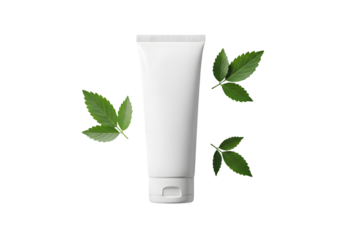 White tube cream with green leaves natural skincare product Isolated on transparent background