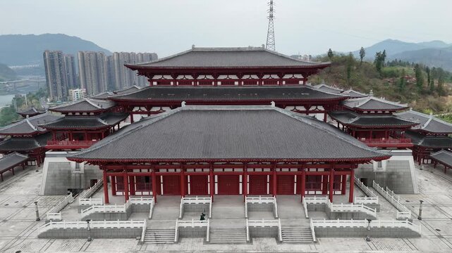 Aerial View of Traditional Chinese Temple in Dazhou, Sichuan