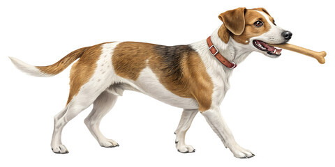 Dog standing while holding a bone. Realistic pet pose isolated on transparent background for dog food and training advertising.